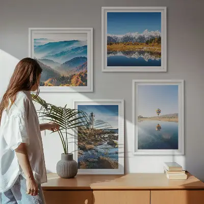 Wanddeko-Set mit Ausblicken auf die Natur, Leuchtturm und Berge