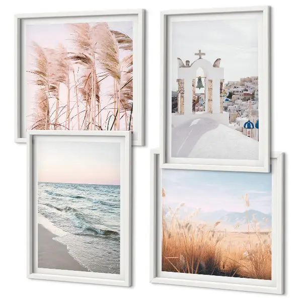 Wanddeko-Set mit Pflanzen, Meereswellen sowie Aussicht auf Häuser
