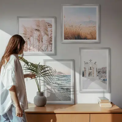 Wanddeko-Set mit Pflanzen, Meereswellen sowie Aussicht auf Häuser