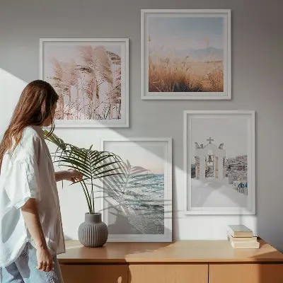Wanddeko-Set mit Pflanzen, Meereswellen sowie Aussicht auf Häuser