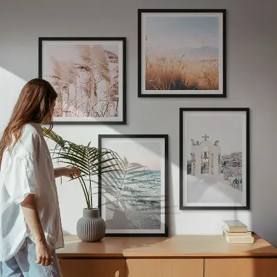 Wanddeko-Set mit Pflanzen, Meereswellen sowie Aussicht auf Häuser