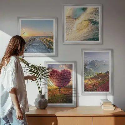 Wanddeko-Set mit Motiven von Landschaften, Bergen, Wellen, Bäumen, Herzen und einem Pier