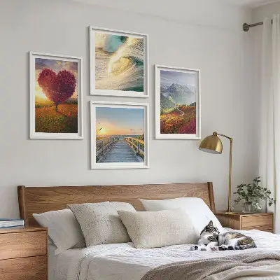 Wanddeko-Set mit Motiven von Landschaften, Bergen, Wellen, Bäumen, Herzen und einem Pier