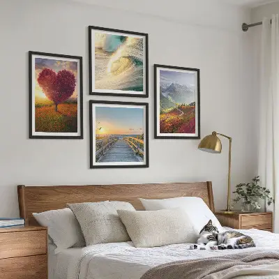 Wanddeko-Set mit Motiven von Landschaften, Bergen, Wellen, Bäumen, Herzen und einem Pier