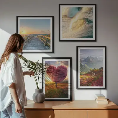 Wanddeko-Set mit Motiven von Landschaften, Bergen, Wellen, Bäumen, Herzen und einem Pier