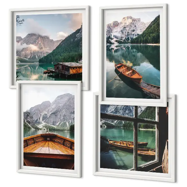Polyptychon mit Rahmen mit Motiv von See, Bergen, Booten, Hütte und Fenster