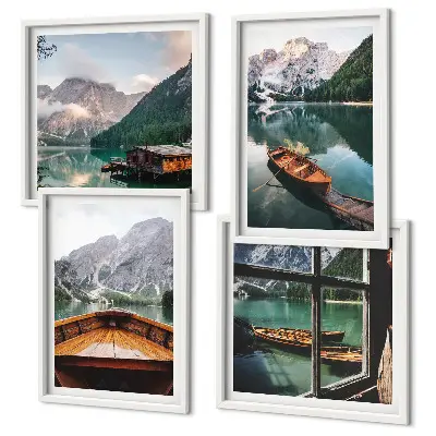 Polyptychon mit Rahmen mit Motiv von See, Bergen, Booten, Hütte und Fenster