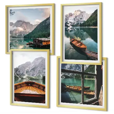 Polyptychon mit Rahmen mit Motiv von See, Bergen, Booten, Hütte und Fenster