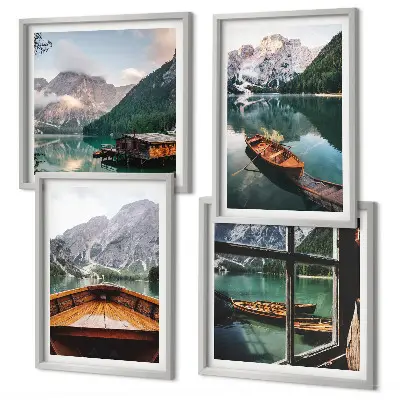 Polyptychon mit Rahmen mit Motiv von See, Bergen, Booten, Hütte und Fenster