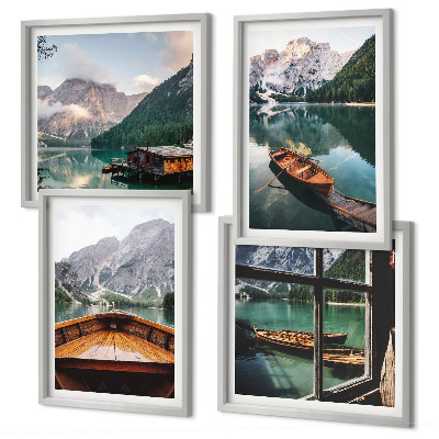 Polyptychon mit rahmen See, Berge, Boote, Hütte, Fenster