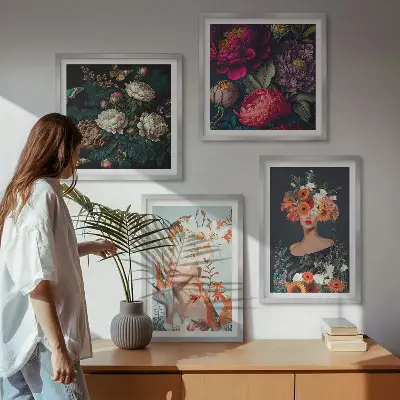 Blumenporträts, Sträuße und Blätter als gerahmtes Polyptychon
