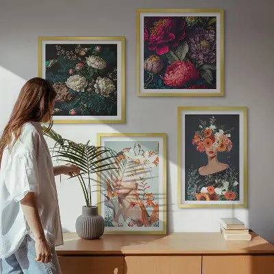 Blumenporträts, Sträuße und Blätter als gerahmtes Polyptychon