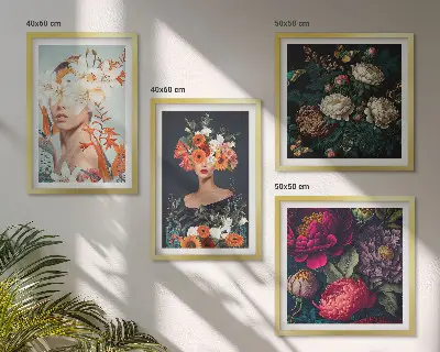 Blumenporträts, Sträuße und Blätter als gerahmtes Polyptychon