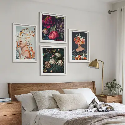 Blumenporträts, Sträuße und Blätter als gerahmtes Polyptychon