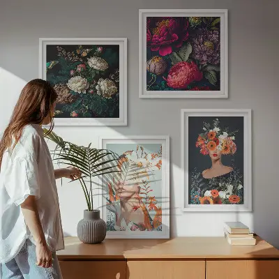 Blumenporträts, Sträuße und Blätter als gerahmtes Polyptychon