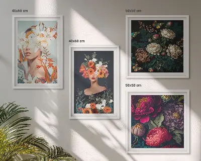 Blumenporträts, Sträuße und Blätter als gerahmtes Polyptychon