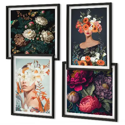 Blumenporträts, Sträuße und Blätter als gerahmtes Polyptychon