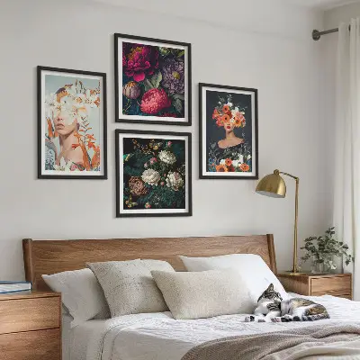 Blumenporträts, Sträuße und Blätter als gerahmtes Polyptychon