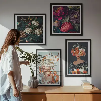 Blumenporträts, Sträuße und Blätter als gerahmtes Polyptychon
