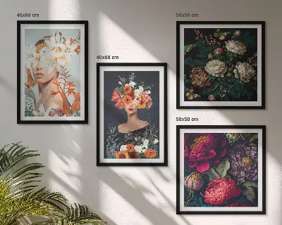 Blumenporträts, Sträuße und Blätter als gerahmtes Polyptychon
