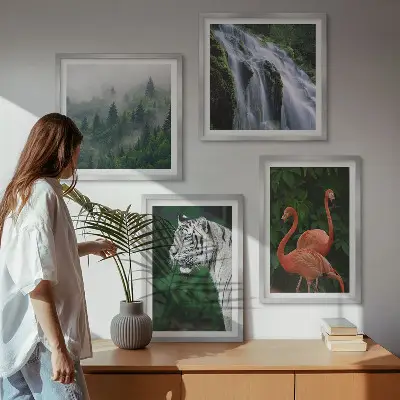 Wandbild mehrteilig mit Rahmen Motiv Tiger Wasserfall und Flamingos