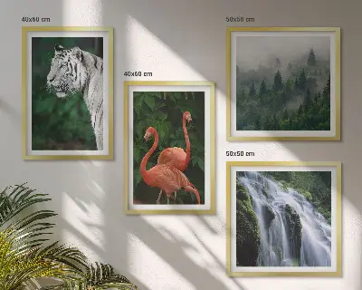 Wandbild mehrteilig mit Rahmen Motiv Tiger Wasserfall und Flamingos
