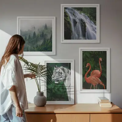 Wandbild mehrteilig mit Rahmen Motiv Tiger Wasserfall und Flamingos