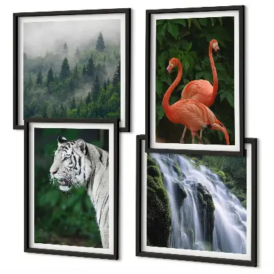Wandbild mehrteilig mit Rahmen Motiv Tiger Wasserfall und Flamingos