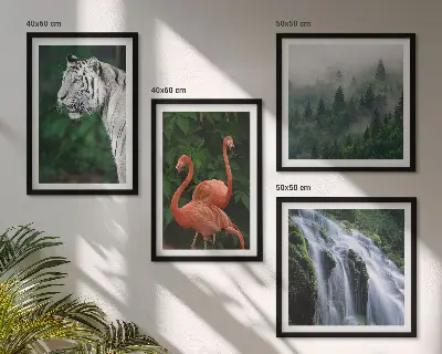 Wandbild mehrteilig mit Rahmen Motiv Tiger Wasserfall und Flamingos