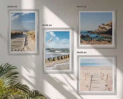 Polyptychon mit Rahmen Motiv Strand mit Sand, Wellen, Himmel und Vögeln
