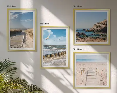 Polyptychon mit Rahmen Motiv Strand mit Sand, Wellen, Himmel und Vögeln