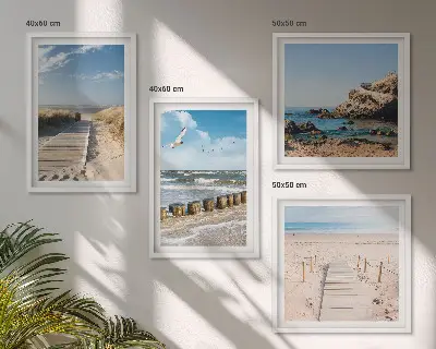 Polyptychon mit Rahmen Motiv Strand mit Sand, Wellen, Himmel und Vögeln