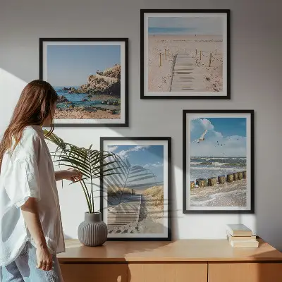 Polyptychon mit Rahmen Motiv Strand mit Sand, Wellen, Himmel und Vögeln