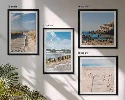 Polyptychon mit Rahmen Motiv Strand mit Sand, Wellen, Himmel und Vögeln