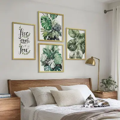 Wanddeko-Set mit Blattpflanzen-Motiv und Schriftzug Leben Lachen Lieben