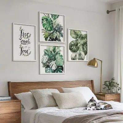 Wanddeko-Set mit Blattpflanzen-Motiv und Schriftzug Leben Lachen Lieben