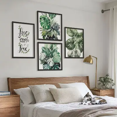 Wanddeko-Set mit Blattpflanzen-Motiv und Schriftzug Leben Lachen Lieben
