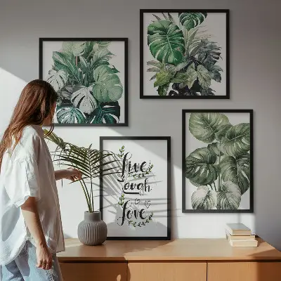 Wanddeko-Set mit Blattpflanzen-Motiv und Schriftzug Leben Lachen Lieben