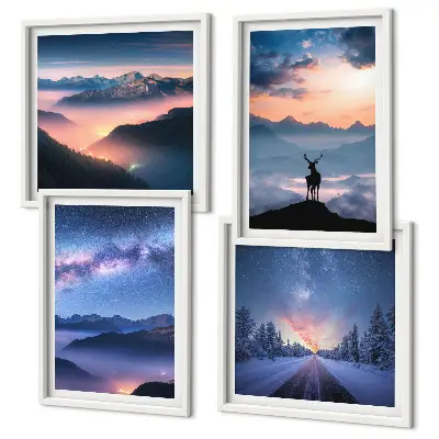 Wanddeko-Set mit Motiv Nachthimmel, Berge, Nebel und Hirsch