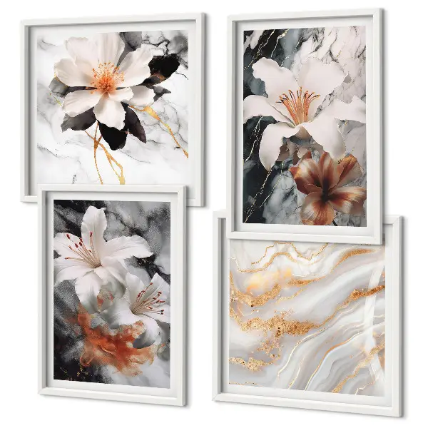 Wandbild Blumen im Marmor-Design mehrteilig mit Rahmen in Schwarz und Weiß