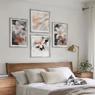 Wandbild Blumen im Marmor-Design mehrteilig mit Rahmen in Schwarz und Weiß