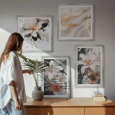 Wandbild Blumen im Marmor-Design mehrteilig mit Rahmen in Schwarz und Weiß
