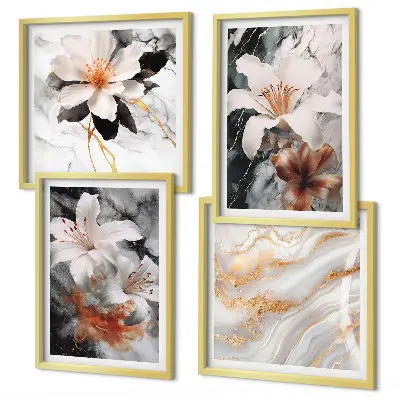 Wandbild Blumen im Marmor-Design mehrteilig mit Rahmen in Schwarz und Weiß