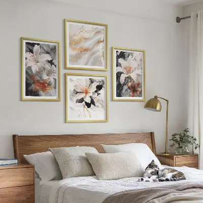 Wandbild Blumen im Marmor-Design mehrteilig mit Rahmen in Schwarz und Weiß