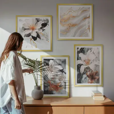 Wandbild Blumen im Marmor-Design mehrteilig mit Rahmen in Schwarz und Weiß