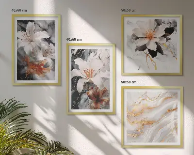Wandbild Blumen im Marmor-Design mehrteilig mit Rahmen in Schwarz und Weiß