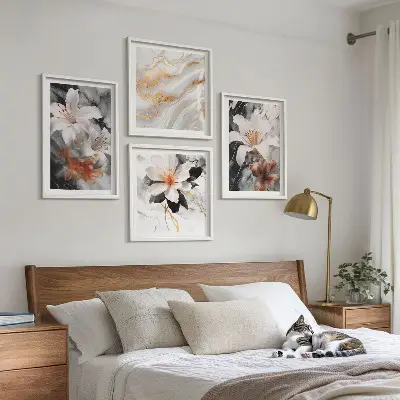Wandbild Blumen im Marmor-Design mehrteilig mit Rahmen in Schwarz und Weiß