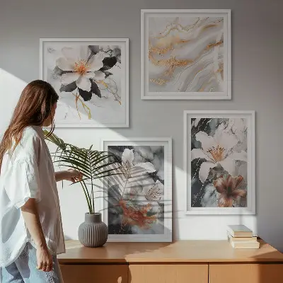 Wandbild Blumen im Marmor-Design mehrteilig mit Rahmen in Schwarz und Weiß