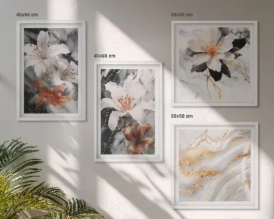 Wandbild Blumen im Marmor-Design mehrteilig mit Rahmen in Schwarz und Weiß