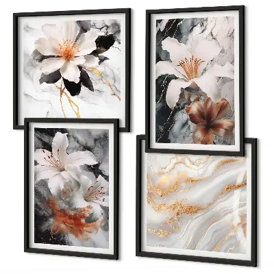 Wandbild Blumen im Marmor-Design mehrteilig mit Rahmen in Schwarz und Weiß